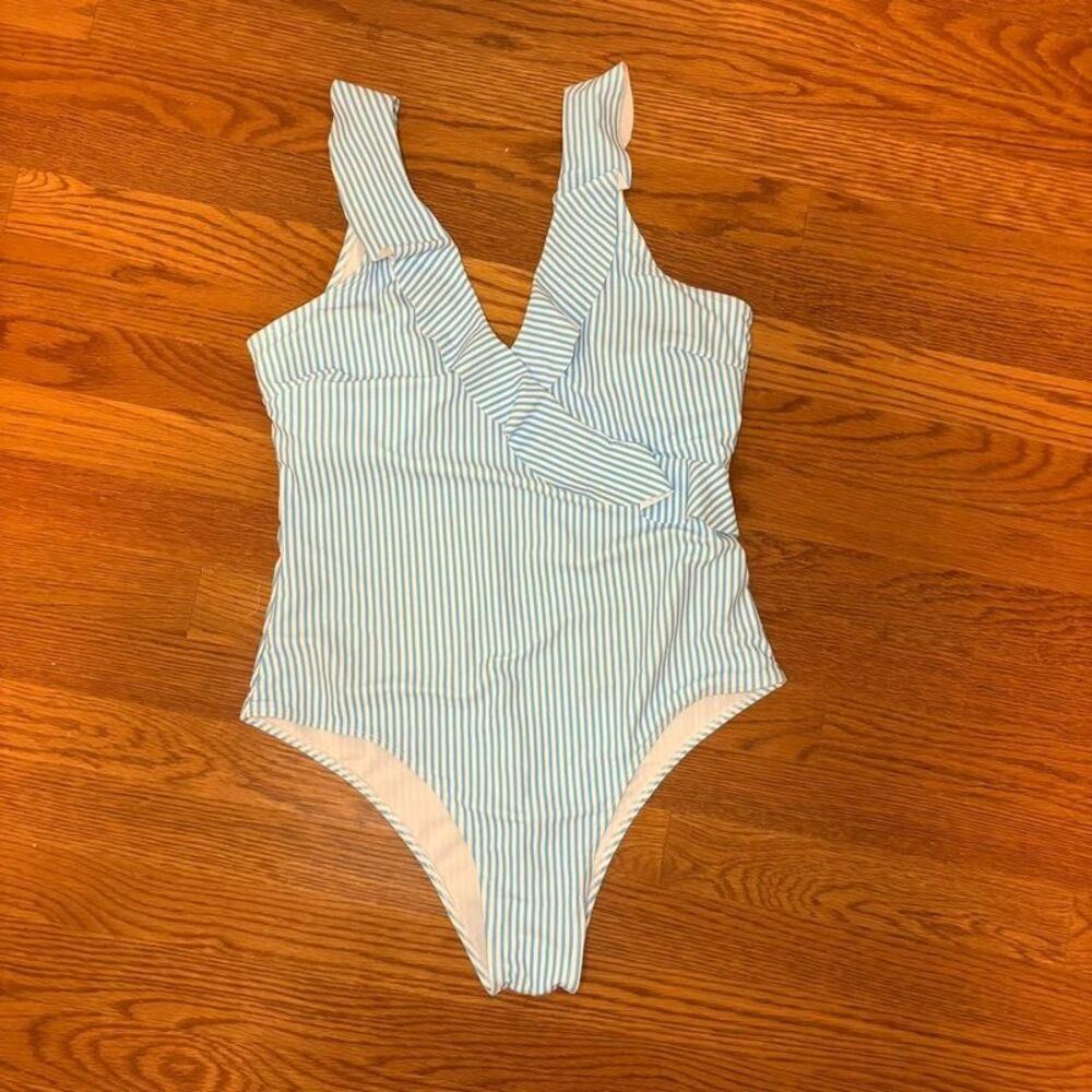 Blue & White Striped Tie-Front One-Piece Swimsuit Size Large